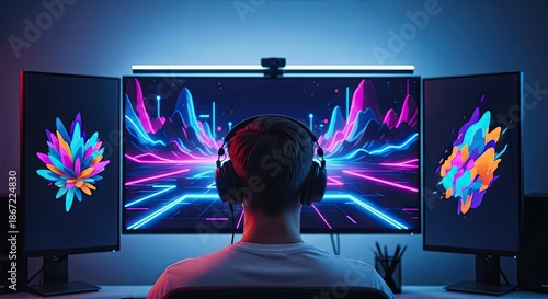 Immersive Gaming: A person deeply engrossed in a gaming session, immersed within a captivating digital world, surrounded by vibrant displays. 