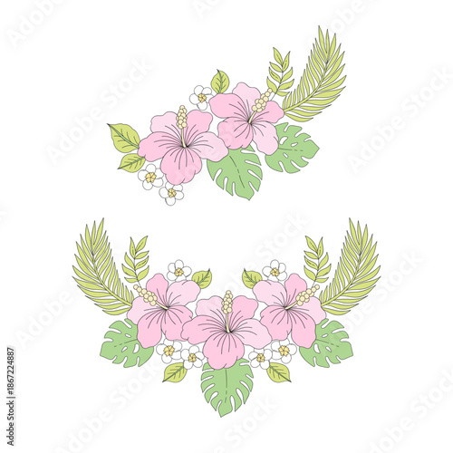 Pastel Tropical Jungle Leaves Monstera Hibiscus Floral Composition Illustration Set for Retro Boho Exotic Summer Design