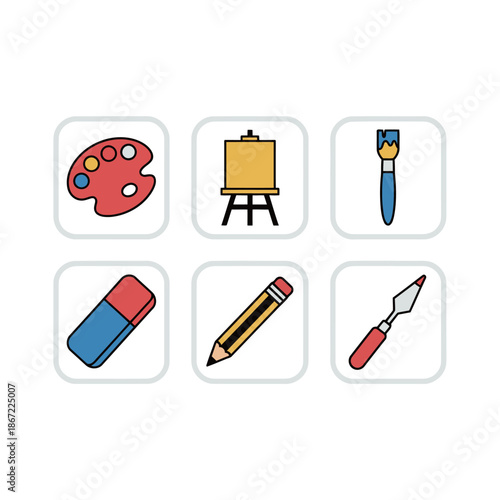 Fine art and painting supplies collection featuring color palette easel paint brush eraser pencil and palette knife for creative artists and students education