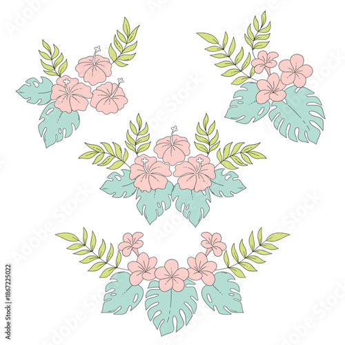 Pastel Tropical Jungle Leaves Monstera Hibiscus Floral Composition Illustration Set for Retro Boho Exotic Summer Design