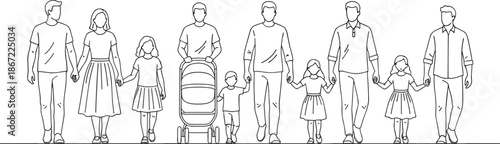 Modern Community Walking People Line Art Illustration