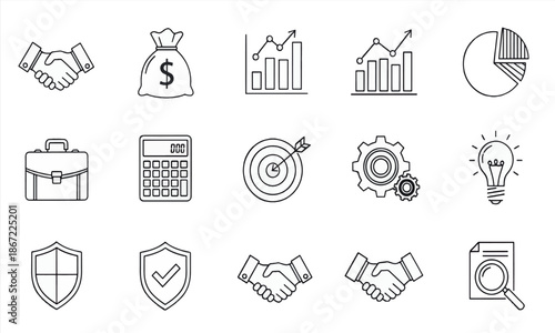 Print Professional Business and Finance Line Icon Set – Vector Success and Economy Symbols