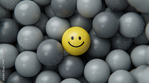 Yellow Smiley Face Standing Out from Gray Crowd, Happiness and Positivity Concept with 3D Render Spheres Background