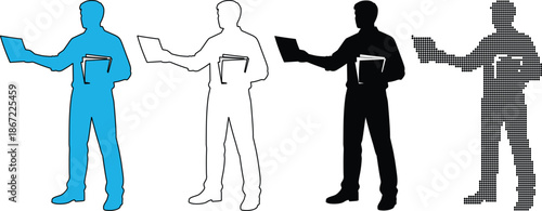 Set of four male presenter silhouettes holding a tablet and book, showing different styles blue fill, outline, solid black, and plaid pattern