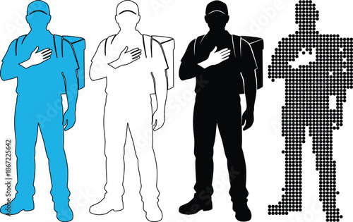 Set of four silhouettes of a delivery person standing with hand over heart in various styles