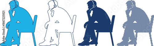 Four variations of a silhouette of a person sitting in a chair in a thoughtful pose, including solid blue, outline, dark blue silhouette, and dotted pattern