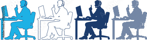 Customer support agent at computer with headset showing different styles and variations of silhouette graphics