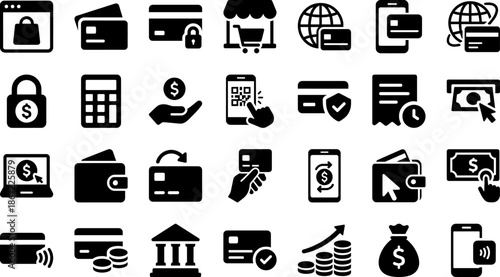 Premium Financial Technology And Secure Payment Solutions Glyph Pictogram Icon Set For Banking Apps Mobile Wallets And E-commerce Interfaces