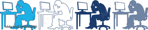 Set of icons showing a person sitting at a computer with their head in their hands, representing stress, burnout, or frustration, in various styles