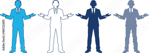 Four business people silhouettes showing open arms gesture in different styles including solid, outline, and patterned