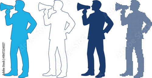 Four silhouettes of businessman shouting through megaphone in different styles