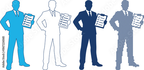 Four silhouettes of businessmen holding clipboards in different styles solid blue, outline, solid dark blue, and patterned