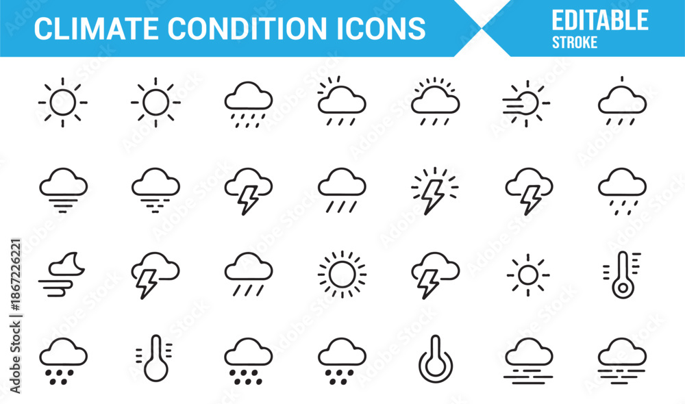 Fototapeta premium Editable climate condition outline icons for UI design