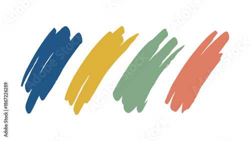Collection of four colorful hand drawn paint smears. Artistic grunge brush strokes ideal for creative backgrounds, text highlighting, and graphic design elements.
