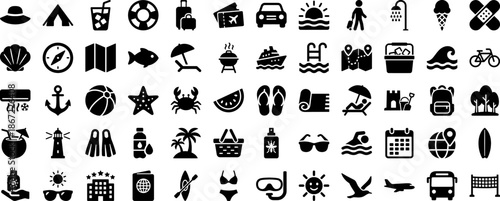 Essential Summer Vacation and Travel Solid Glyph Icon Pack Featuring Beach, Camping, Tourism, and Leisure Activities for Web and App Interface Design Projects
