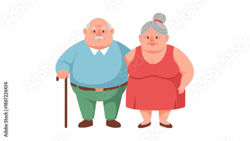 Illustration of an elderly man and woman standing together, the man with a cane, against a plain white background with a simple and friendly mood.
