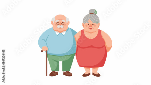 Illustration of an elderly man and woman standing together, the man holding a cane, against a plain white background with a warm and friendly mood.