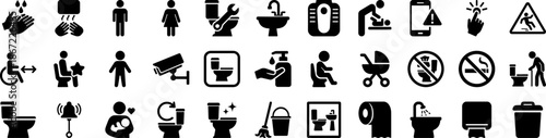 Premium Public Restroom and Hygiene Facilities Glyph Icon Set Featuring Sanitation, Accessibility, Baby Care, and Cleaning Services Symbols for Signage and UI