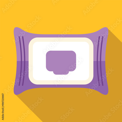 Purple wet wipes package, flat design icon, on a yellow background