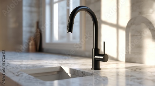 Kitchen faucet on a marble countertop with sunlight coming through the window