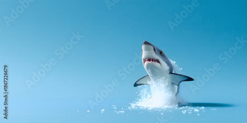 Disruptive idea concept with shark jumping out of calm surface.Blue background, copy space