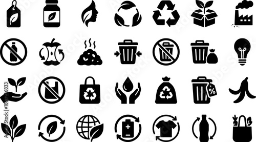 Ultimate Eco Friendly and Waste Management Glyph Pictogram Icon Pack for Recycling Sustainability Green Energy and Environmental Awareness Design Projects