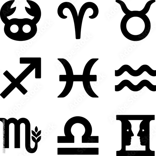 Premium Solid Black Zodiac Astrology Signs and Horoscopes Vector Glyph Icon Set for Spiritual Apps Web Design and Astrological Branding
