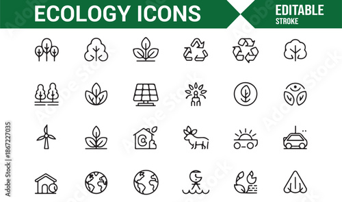 Sustainable living and eco technology outline icons