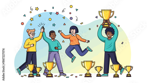 Group of People Celebrating with Trophies.