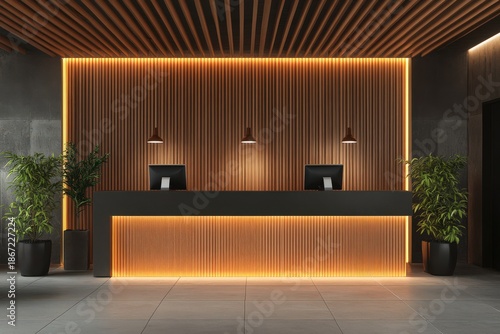 Modern Reception Area with Wooden Accent Wall and Warm Lighting