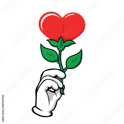 Comic style hand holding heart shaped flower. Vector romantic love template for Valentine's Day, wedding.