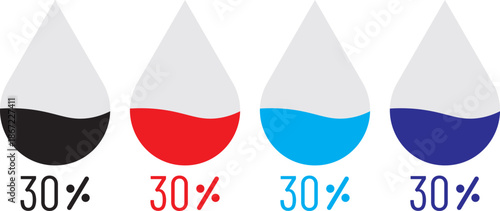 water drop level icon set. Humidity levels scale bar. Liquid level icons. Water level indicator from 10 to 100 percent. Humidity levels scale bar. Water volume. Climate control meter tool