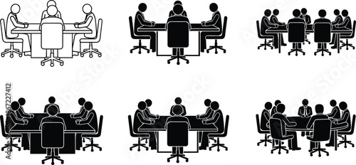 Business people meeting at conference table silhouette set, corporate teamwork collaboration icons, office discussion group vector, professional boardroom sitting people.