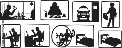 Silhouette icons of daily life and work routine activities
