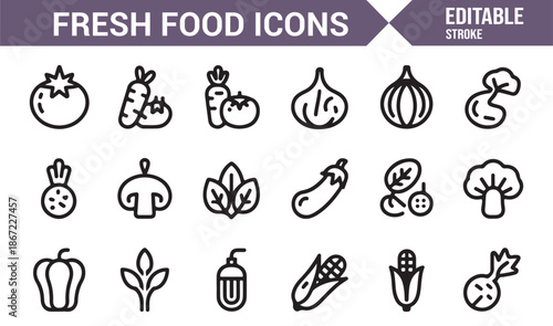 Vegan and vegetarian fresh food line style icons