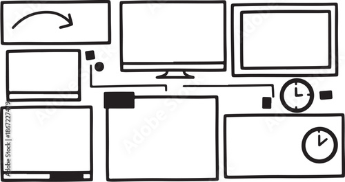 Collection of various computer monitors and screens connected