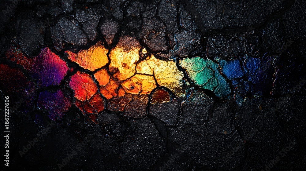 Obraz premium Chromatic Earth: A vibrant rainbow of colors bursts forth from the cracked earth. An abstract scene that evokes feelings of rebirth and transformation, portraying the resilience of nature.