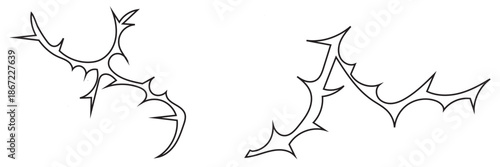 Thorny Branch icon. Collection of black thorny branch silhouettes isolated on white background, useful for dark design, botanical themes, decoration, or abstract nature concepts.

