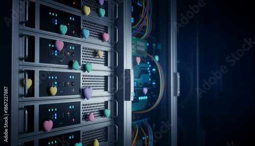 Server with small hearts in pastel colors against a dark tech background
