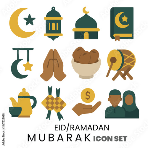 Islamic Eid and Ramadan Mubarak Icon Set with Mosque Lantern Quran and Traditional Religious Symbols