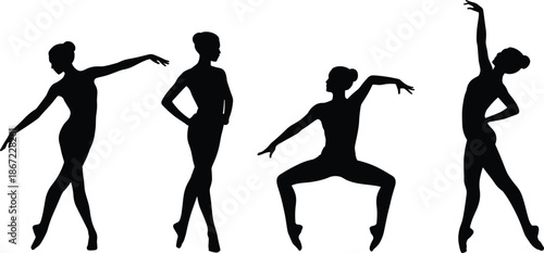 Ballet dancer silhouettes illustration, female dance poses set, classical ballet movement, grace elegance concept, black white vector art, collection, design