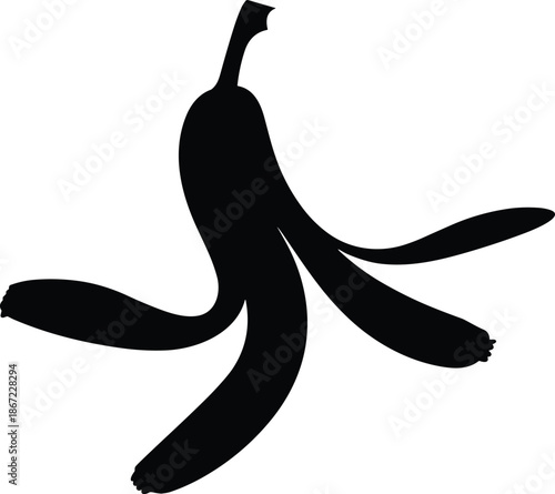 Banana peel silhouette illustration, slipping hazard concept, fruit waste icon, black white vector design, accident warning symbol, caution, safety, sign
