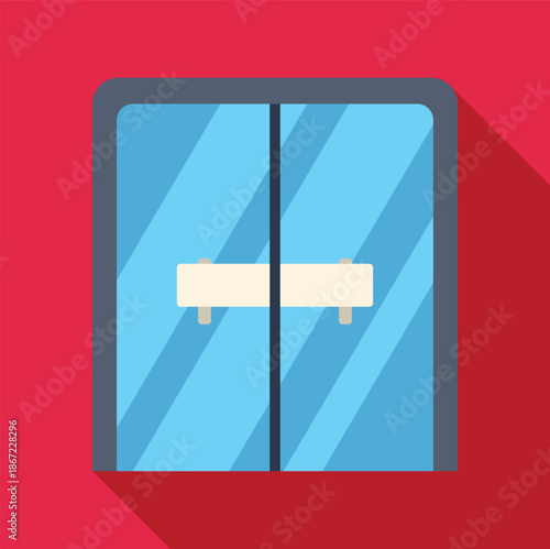 Modern glass double doors icon on a red background, representing entry or exit