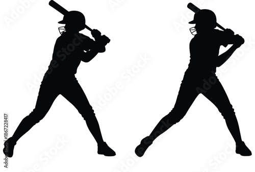 Baseball batter silhouettes swinging bat isolated on white background for sports design, athlete action, vector, illustration, graphic, set, collection, poster