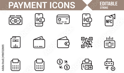 Financial transaction and ecommerce payment outline icons