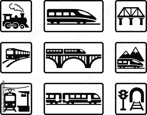 Railway transport icon set, train, metro, bridge, tunnel, station symbols, modern rail travel, public transportation, logistics, infrastructure, vector illustration collection
