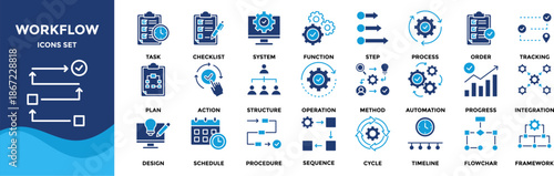 Workflow icon set collection in flat style. Icon pack contains workflow, process, task, step, action, sequence, order, system, cycle, automation