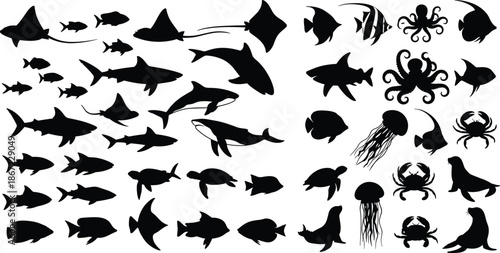 Sea life animal silhouettes set, ocean fish collection, whale shark octopus jellyfish icons, marine underwater creature vector, aquatic wildlife graphic elements.