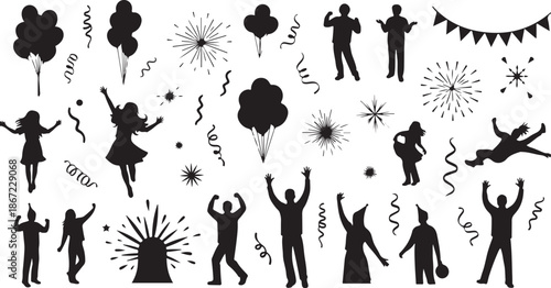Celebration Silhouettes of People with Fireworks and Balloons