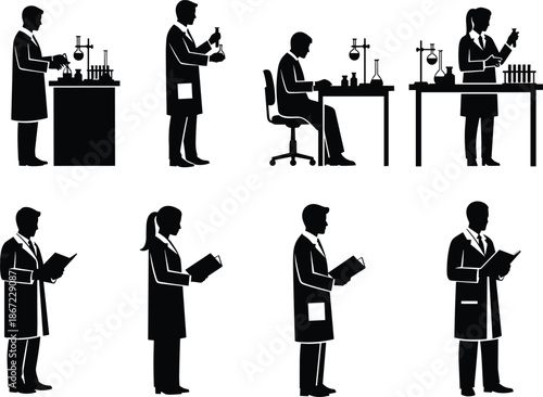 Set of professional scientists and researchers in lab coats performing experiments, reading reports, and working with laboratory equipment, flat vector illustration.